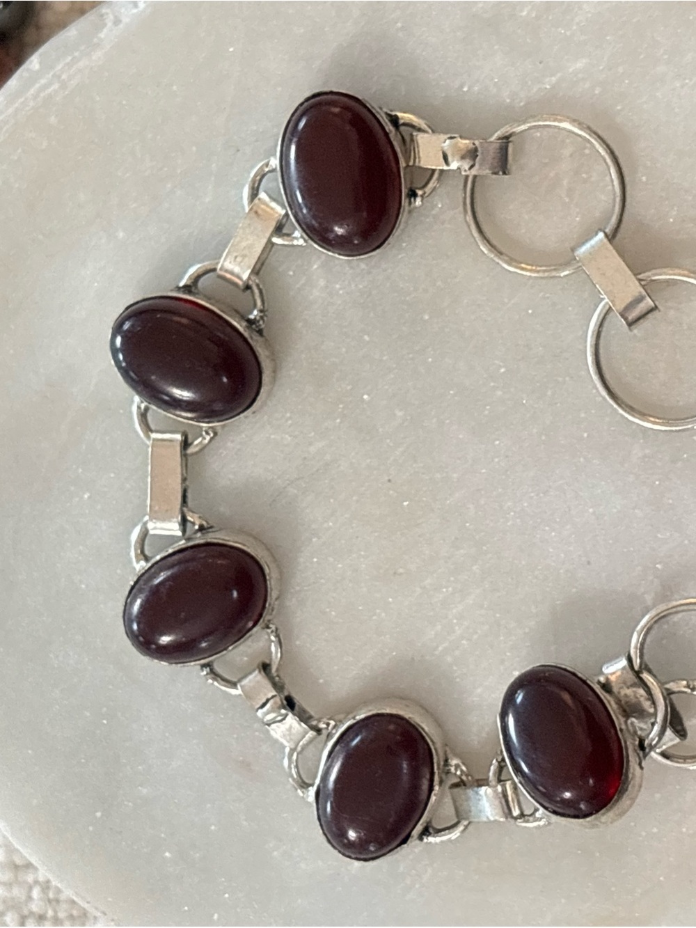 Silver Link Bracelet with Deep Garnet Oval Stones